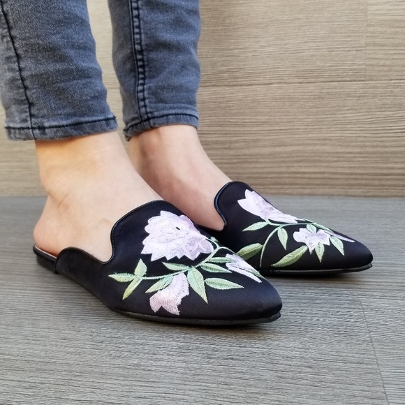 Embroider Flower on Black Satin Mule Loafer-D - Picture 7 of 8